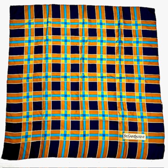 Vintage Yves Saint Laurent Scarf100% silk satin  31"Blue Rusty White Check (26) - Picture 8 of 11